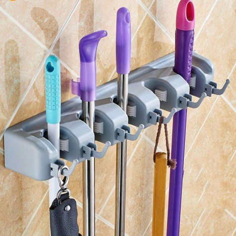 ABS Plastic Mop Holder Broom Organizer 5 Slots 6 Hooks Wall Mounted