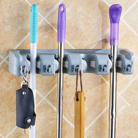 ABS Plastic Mop Holder Broom Organizer 5 Slots 6 Hooks Wall Mounted