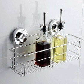 Stainless Steel Vacuum Suction Cup Kitchen Bath Shelf Storage Basket Rack