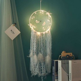 Feather Lace Webbing Dream Catcher Romantic Wall Hanging Decor with Light
